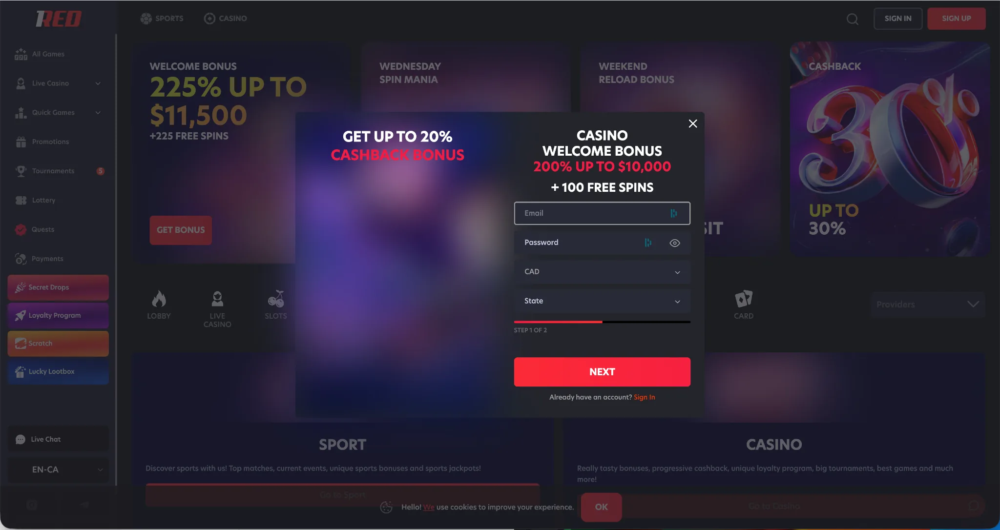 1Red Casino homepage – fastest withdrawal online casino Canada