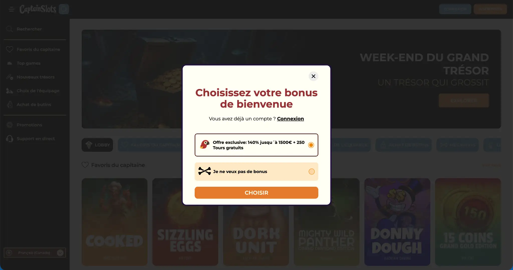 Page d’accueil de Captain Slots – casino en ligne avec retrait rapide