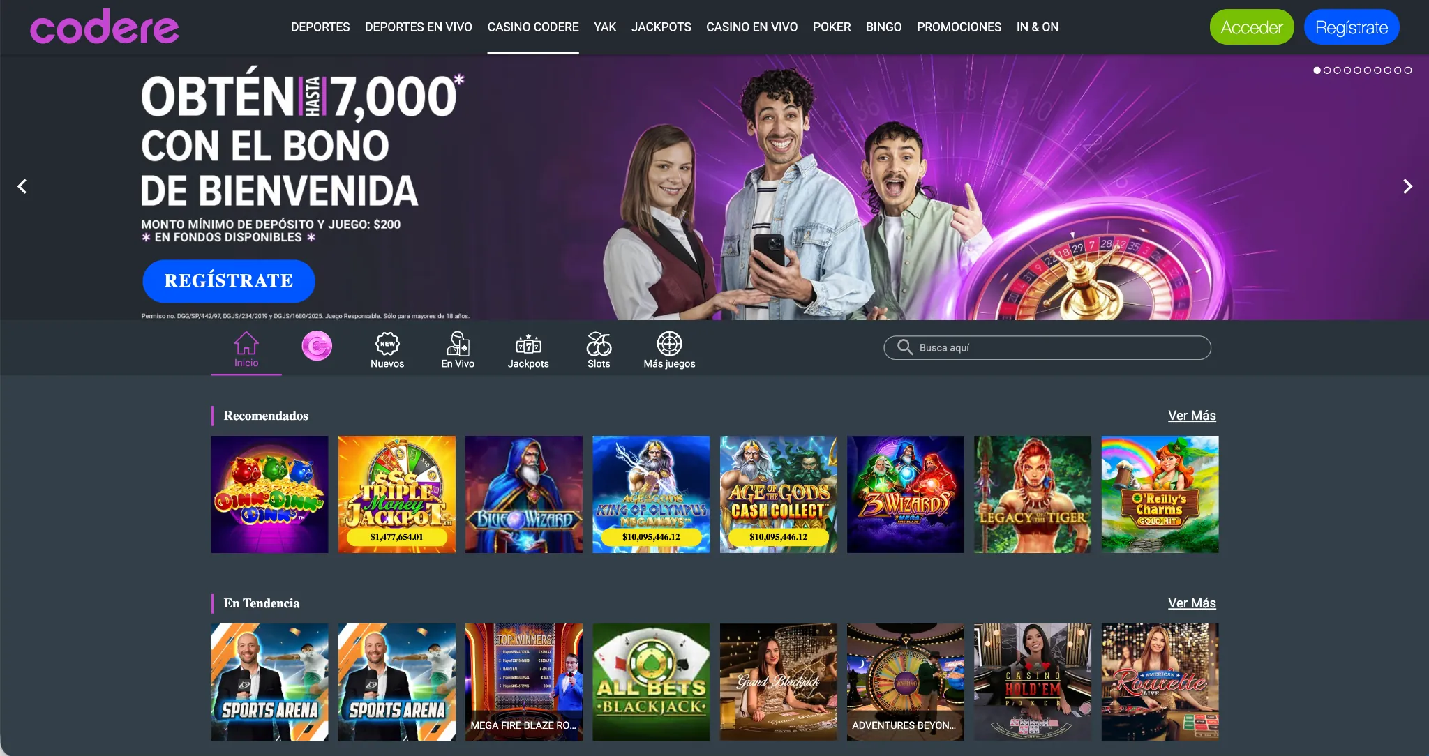 Página de inicio de Codere – casino con retiro inmediato México