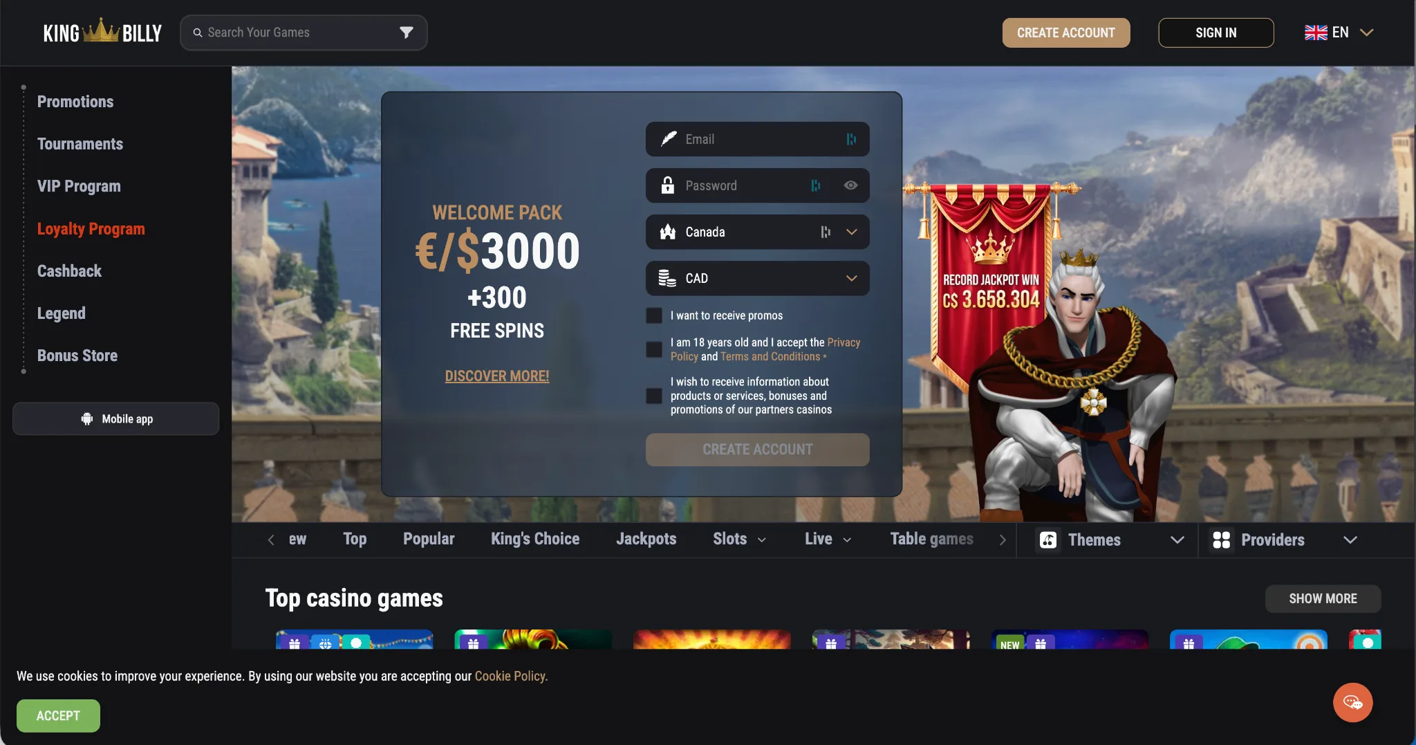 King Billy Casino homepage – fastest withdrawal online casino Canada