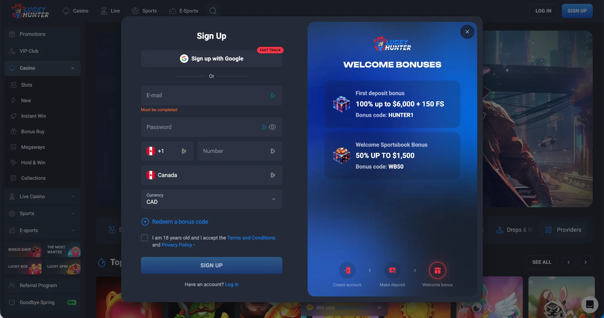 LuckyHunter homepage – fastest withdrawal online casino Canada
