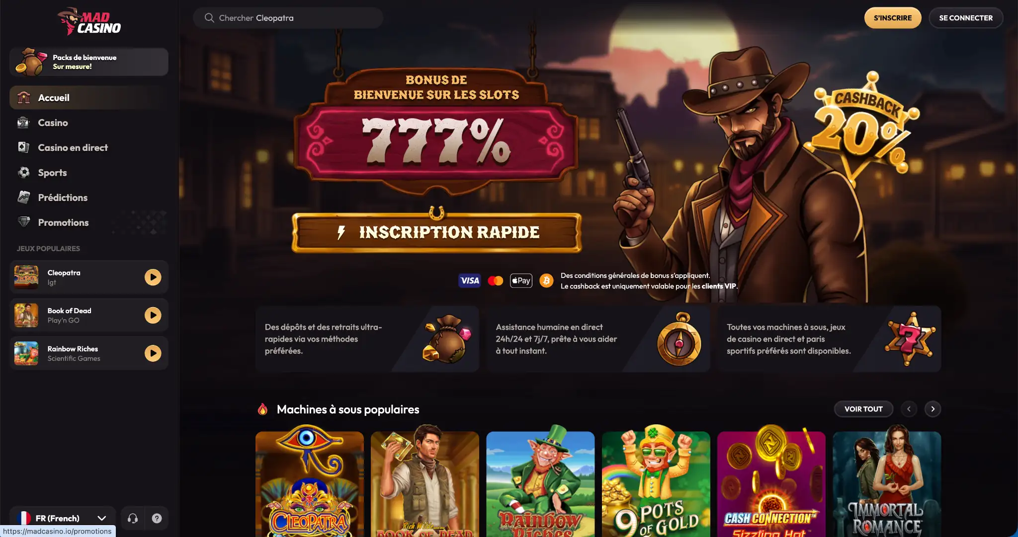 Page d’accueil de MadCasino – casino en ligne avec retrait rapide