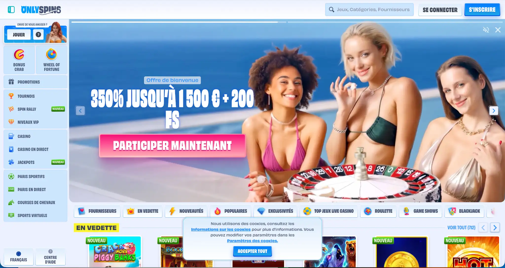 Page d’accueil de OnlySpins – casino en ligne avec retrait rapide