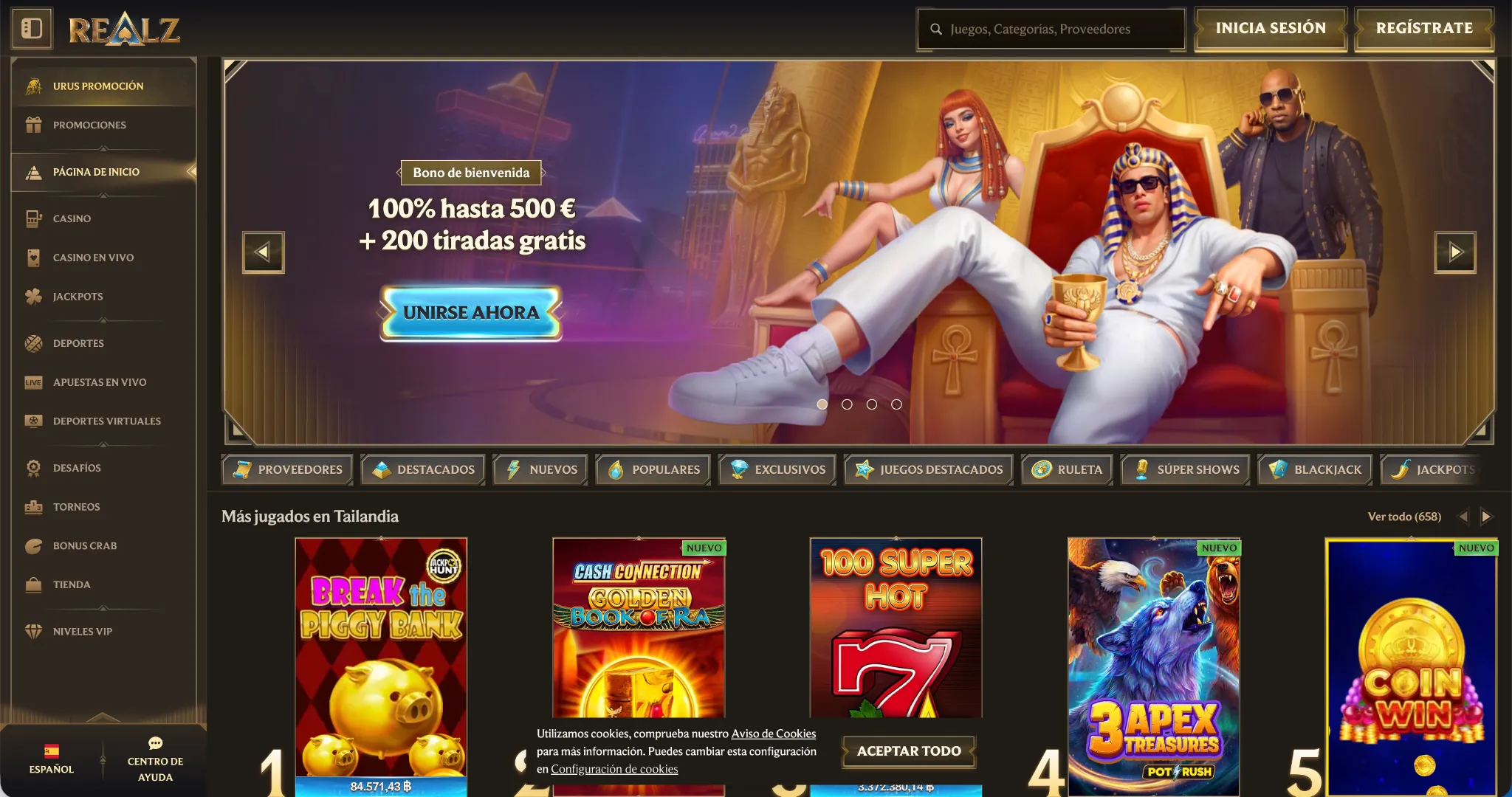 Página de inicio de Realz – casino con retiro inmediato México
