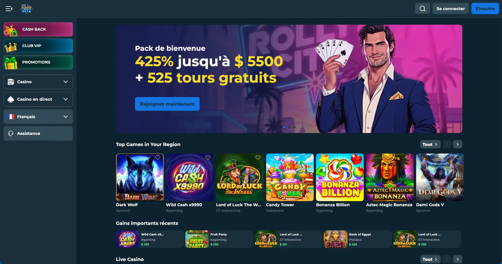 Page d’accueil de RollySpin – casino en ligne avec retrait rapide