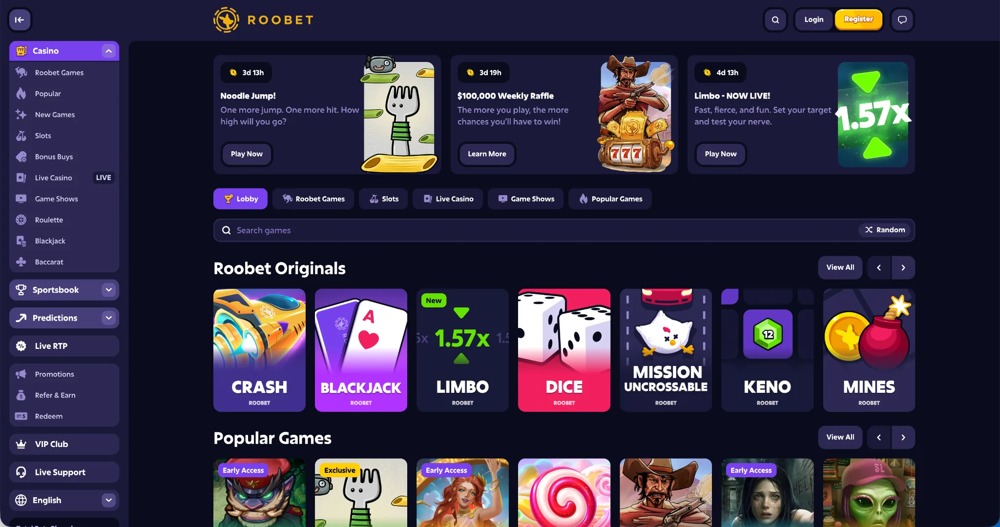 Roobet homepage – fastest withdrawal online casino Canada