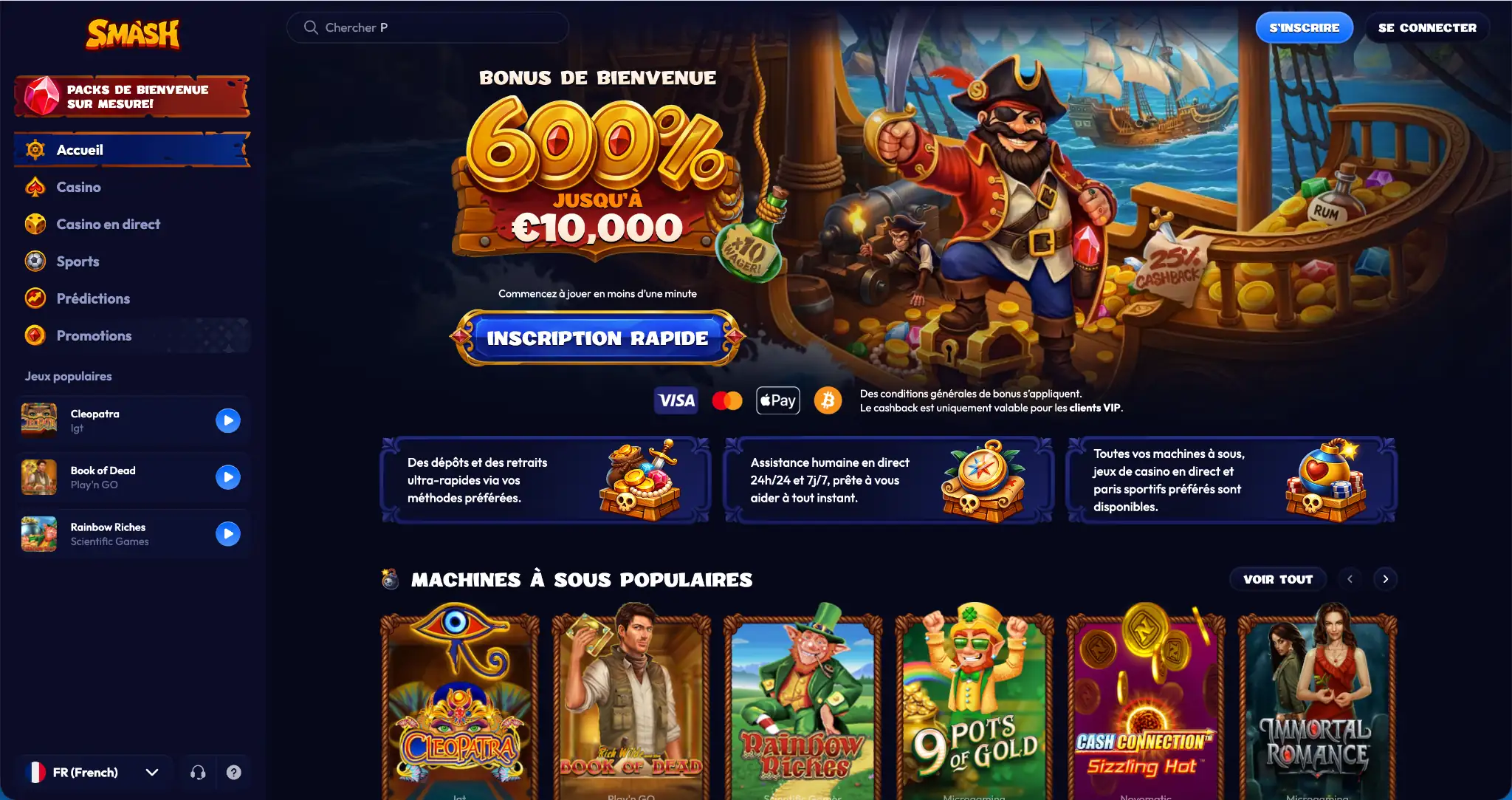 Page d’accueil de SmashCasino – casino en ligne avec retrait rapide