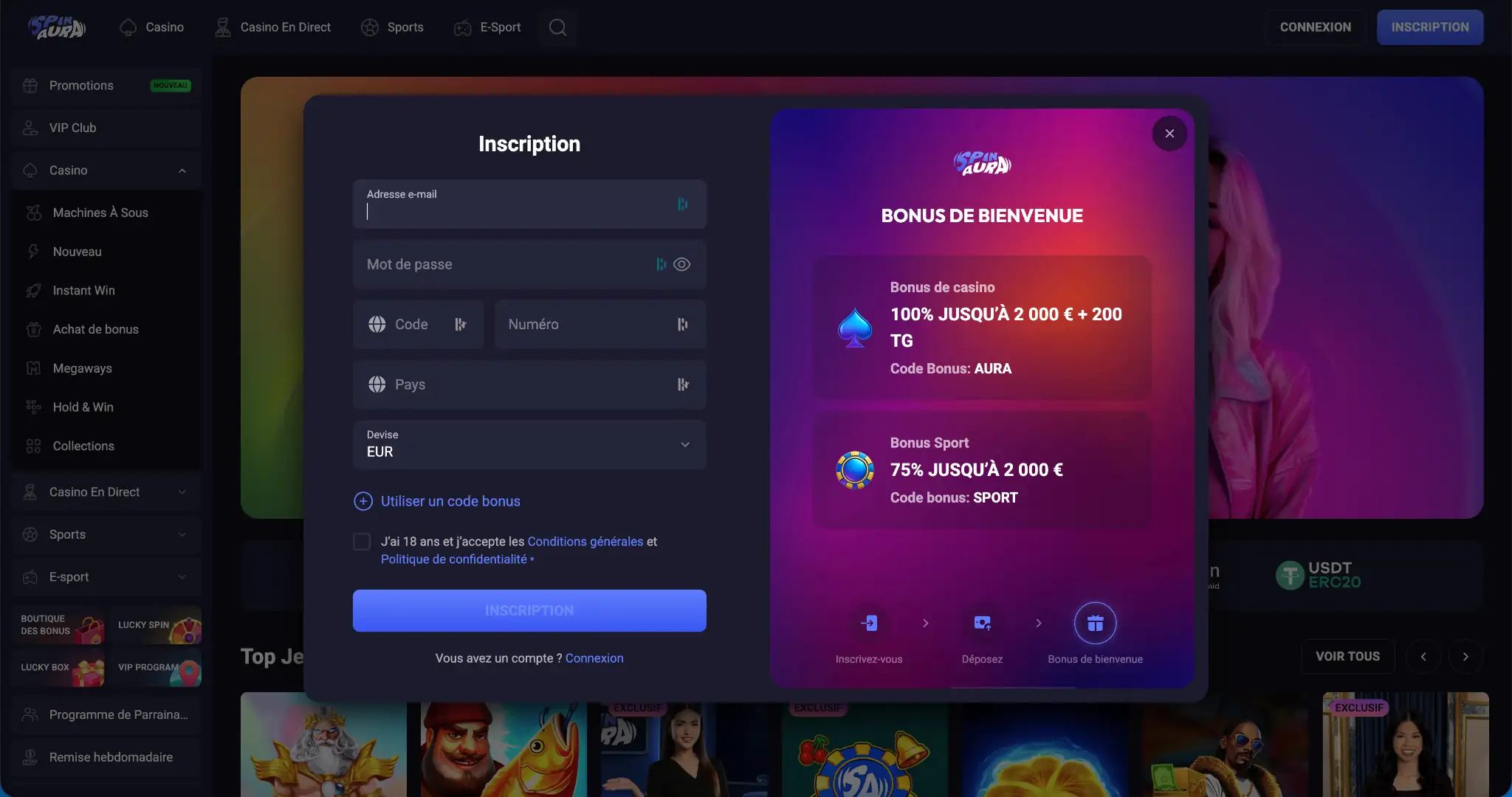 Page d’accueil de SpinAura – casino en ligne avec retrait rapide