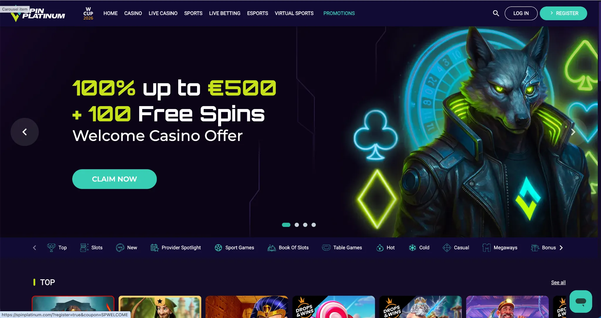 Página de inicio de Spin Platinum – casino con retiro inmediato México