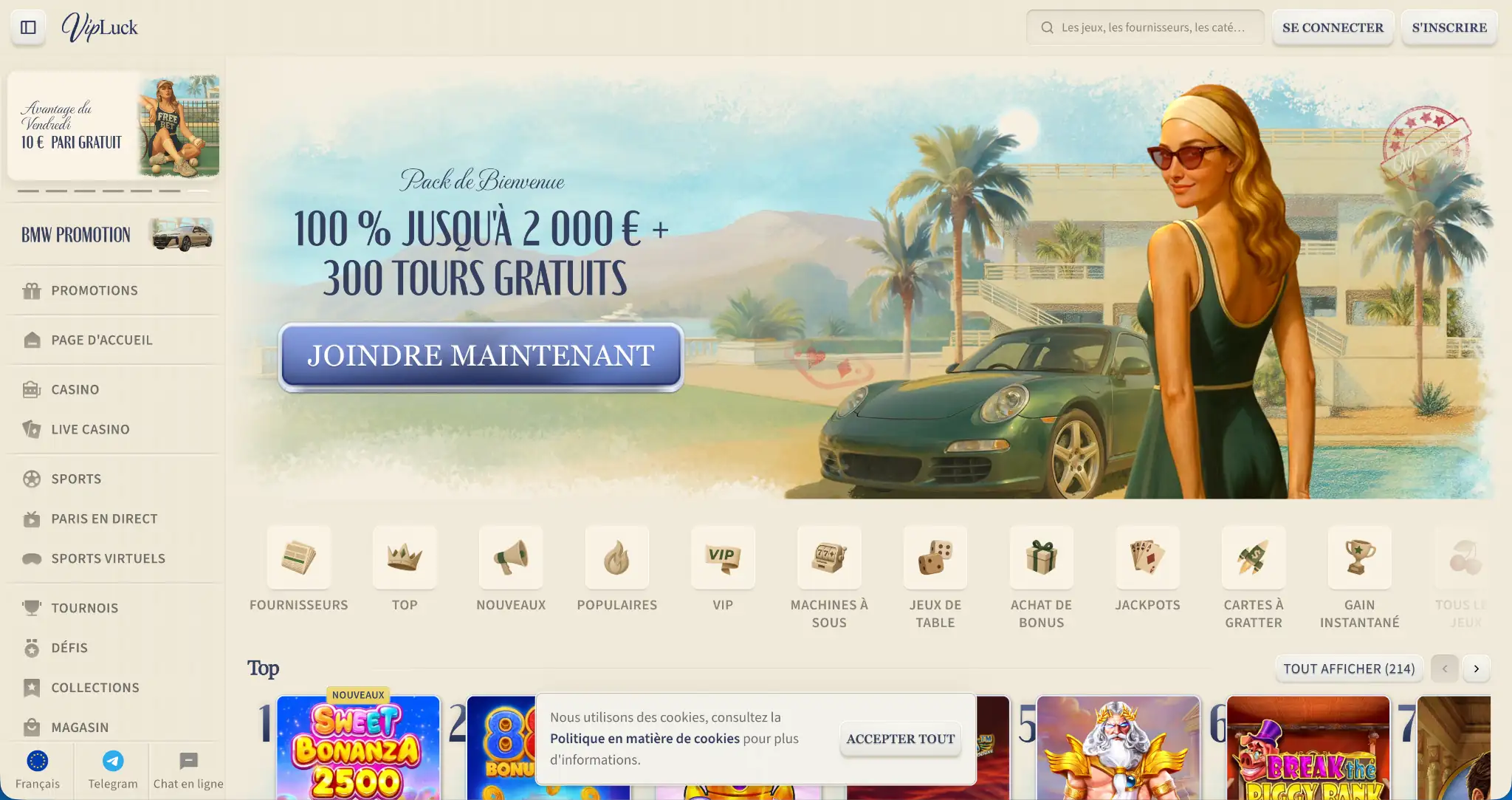 Page d’accueil de VipLuck – casino en ligne avec retrait rapide